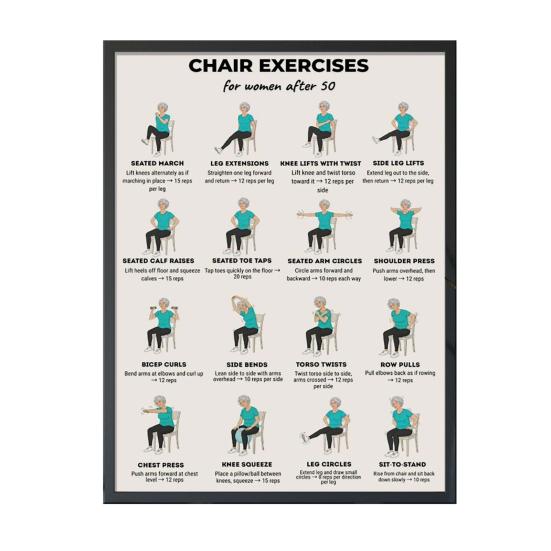 Chair Exercise Poster Seated Workout Chart Gentle Chair Yoga Movements Low Impact Exercise Guide for Seniors Beginners