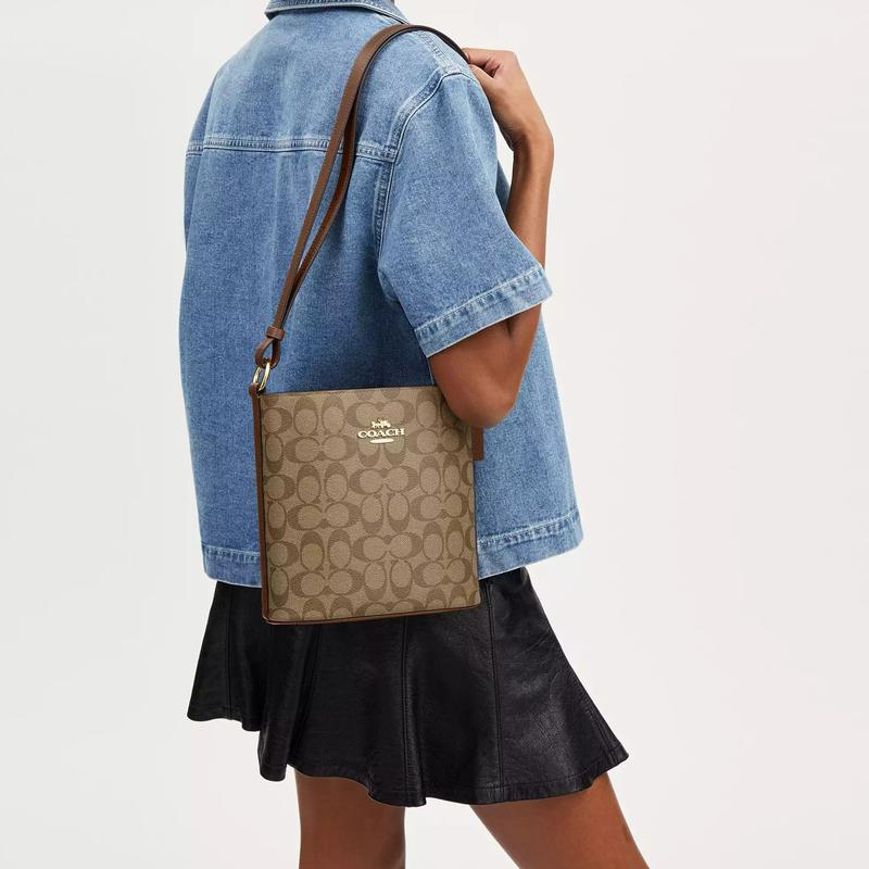 COACH Sophie 21 magnetic snap adjustable shoulder strap canvas and leather bucket bag crossbody shoulder bag small size women's gold and khaki