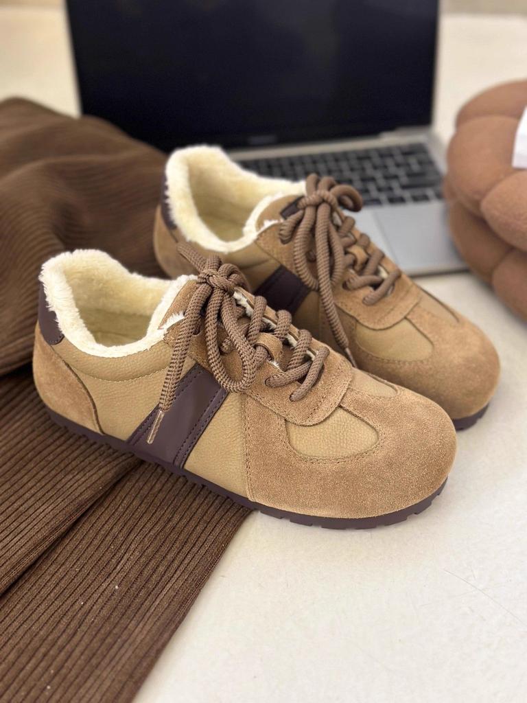 Round Head Retro Versatile Moral Training Shoes Women's Winter Velvet Flat-bottomed Warm Lace-up Cotton Shoes Fashion Casual Shoes