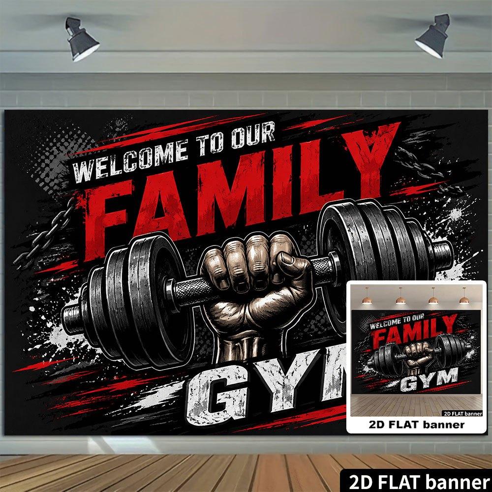 Welcome to Our Family Gym Backdrop Banner, Dumbbell Hand Design, Durable Polyester Wall Decor for Indoor Outdoor Party Holiday Home Decoration
