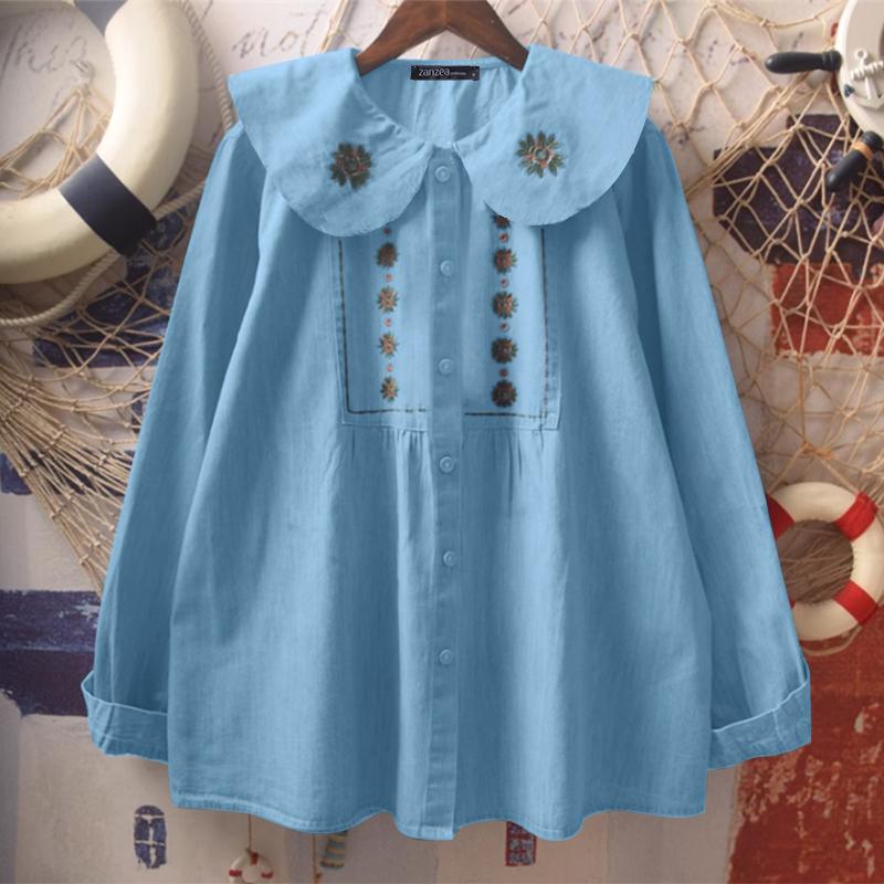 

ZANZEA Женская повседневная блузка с длинным рукавом и воротником-куклой XL светло-синий