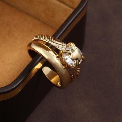 Fashion Double Layer Love Cubic Zirconia Open Adjustable Rings For Women Men Gold Color Copper Metal Ring Party Daily Jewelry
