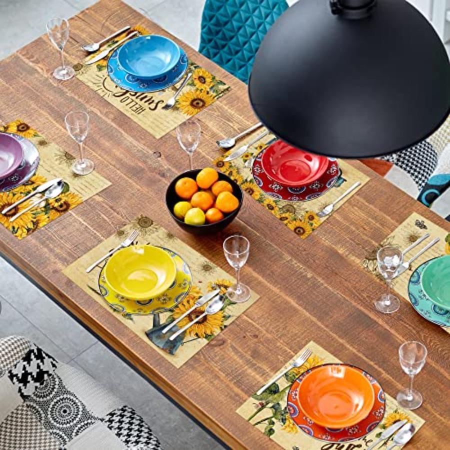 Sunflower Linen Square Spring Placemats Set of 6 Sunflower Kitchen Decor Vintage Spring Summer Sunshine Gnome Truck Table Mats