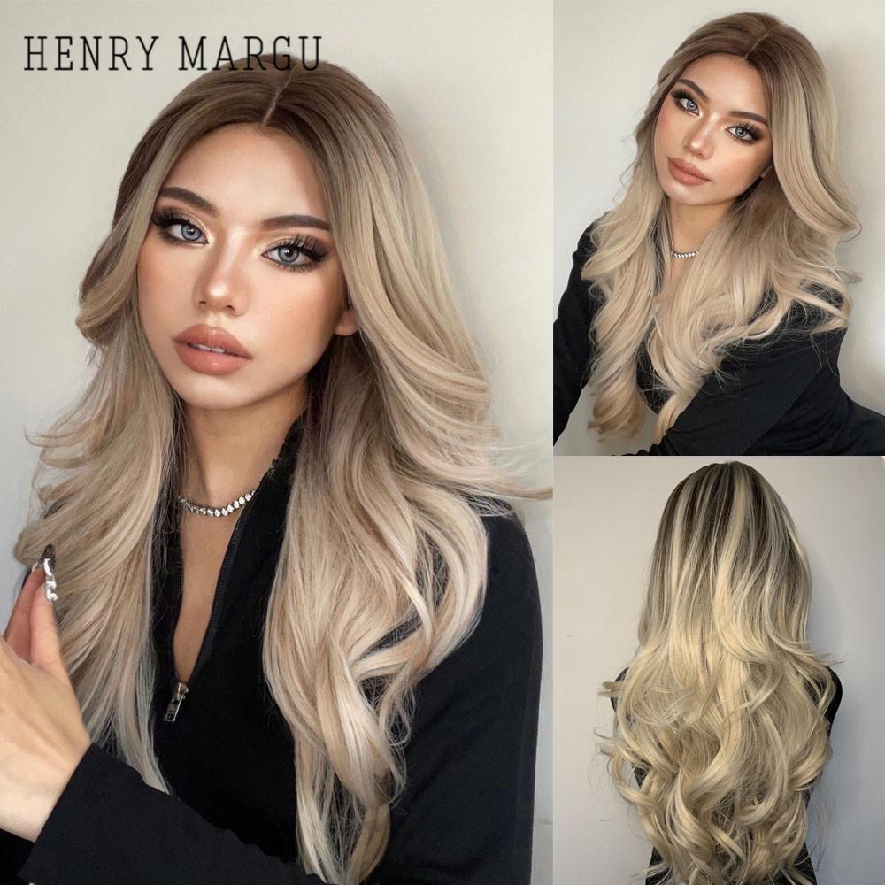 HENRY MARGU Ilgi vandens banguoti sintetiniai perukai nuo rudos iki blondinės spalvos Ombre perukai su kirpčiukais moterims vakarėliams Cosplay karščiui atsparūs perukai