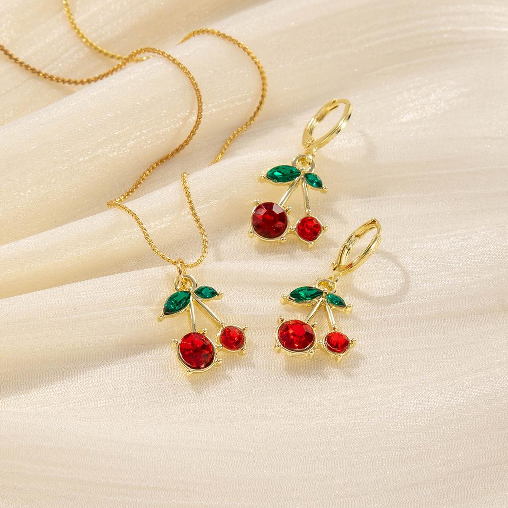 Red Zircon Fruit Cherry Pendant Earrings Necklace For Women New Trend Fashion Collarbone Chain Jewelry Set Gifts