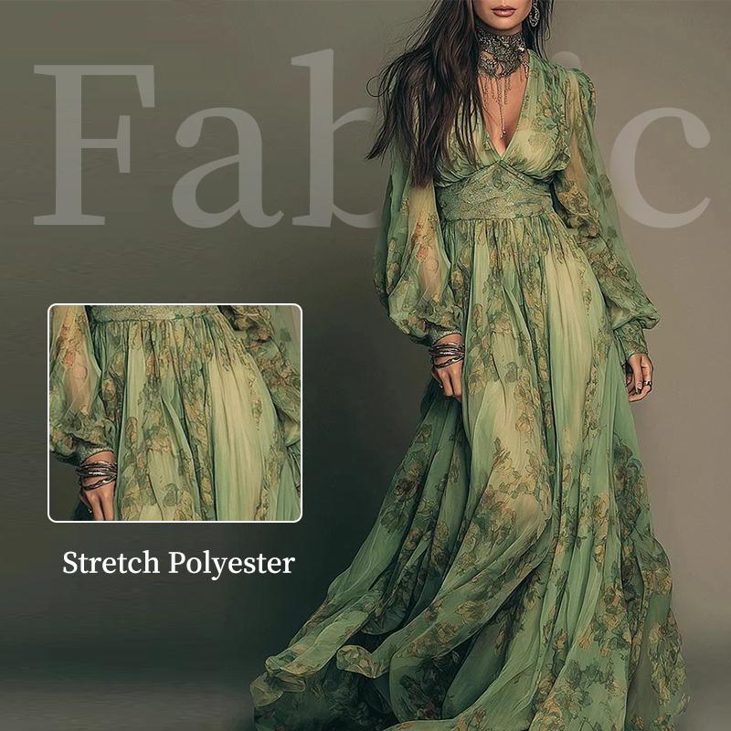 Green Bohemian Print V-neck Long Sleeve Dress, Pastoral Style Women Casual Dress