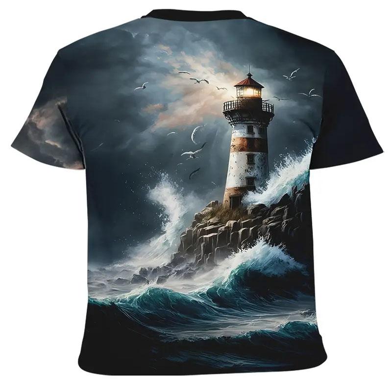 Pánské pohodlné tričko s kulatým výstřihem a krátkým rukávem s 3D potiskem majáku, složení z polyesterových vláken, letní univerzální