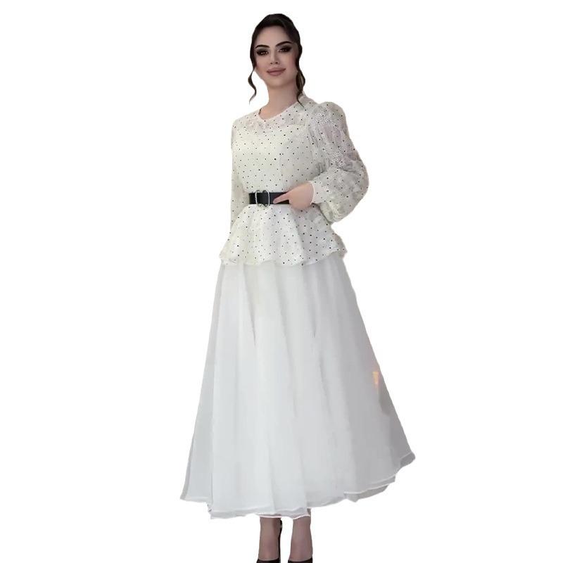 2024 Summer Polka Dot Print Top & Solid Mesh Midi Skirt Set