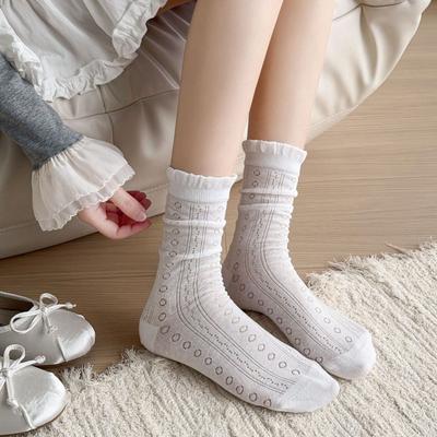 Sock - Spring/Summer Lightweight Solid Color Opened-Up Layered Socks with Earwig Lace and Mid-Calf Length