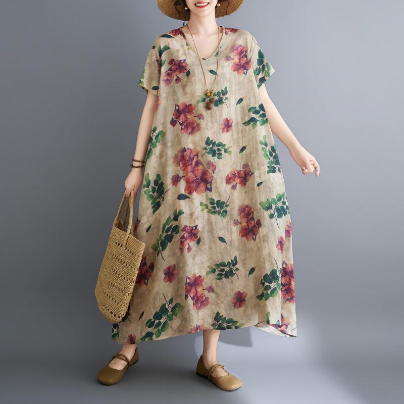 26 Summer Begonia Print V-Neck Retro Irregular Long Dress in Cotton Linen Plus Size