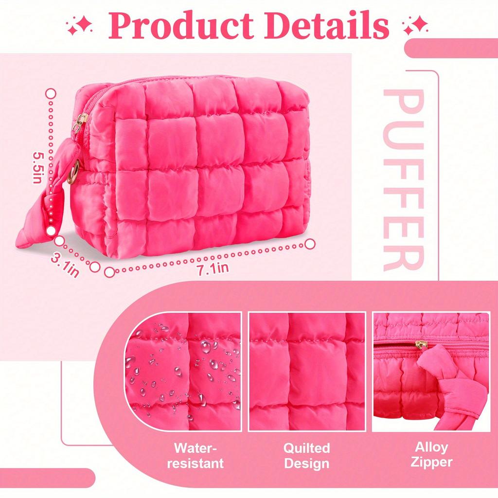 Quilted Makeup Bag Cosmetic Bags Puffy Travel Toiletry Pouch For Women Cute Checkered Zipper Bag Travel Essential Portable Aesthetic Organizer