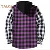 Fall Winter Men Shirt Coat Plaid Print Long Sleeves Chest Pocket Adjustable Drawstring Hood Single-breasted Patchwork Loose Contrast Color Jacket