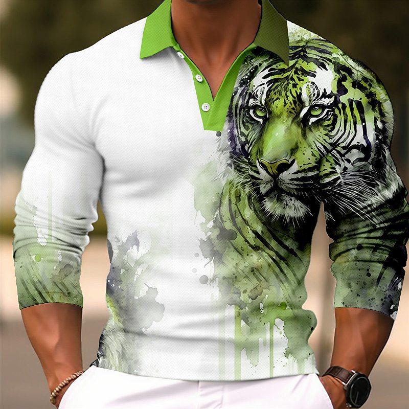 Men's Long Sleeve Polo Shirt with Tiger Print, Stylish Casual Top