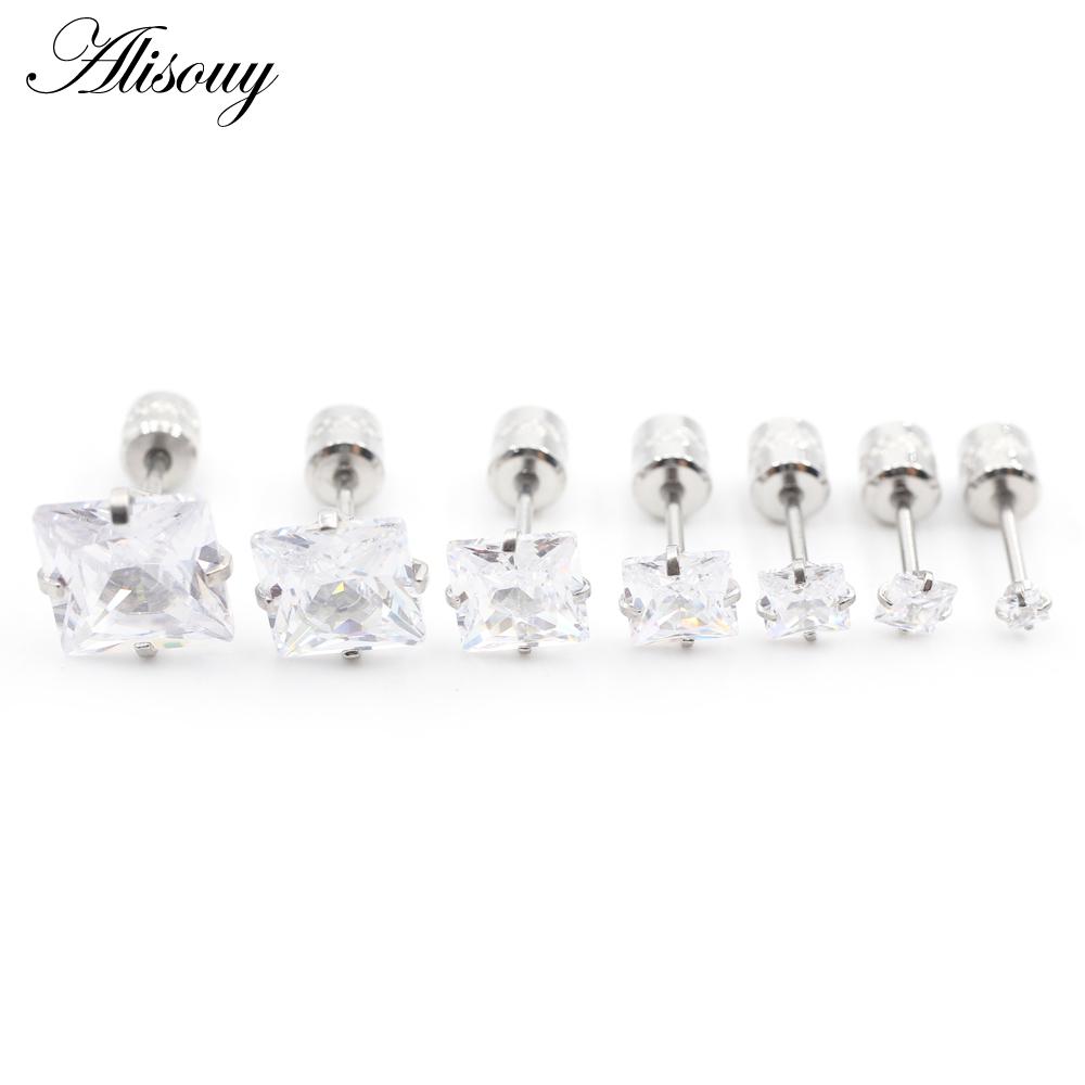 Alisouy 2 bucăți din oțel inoxidabil 4 dinte pătrat zircon CZ femei bărbați fată ureche stud cartilaj șurub cercei piercing bijuterii