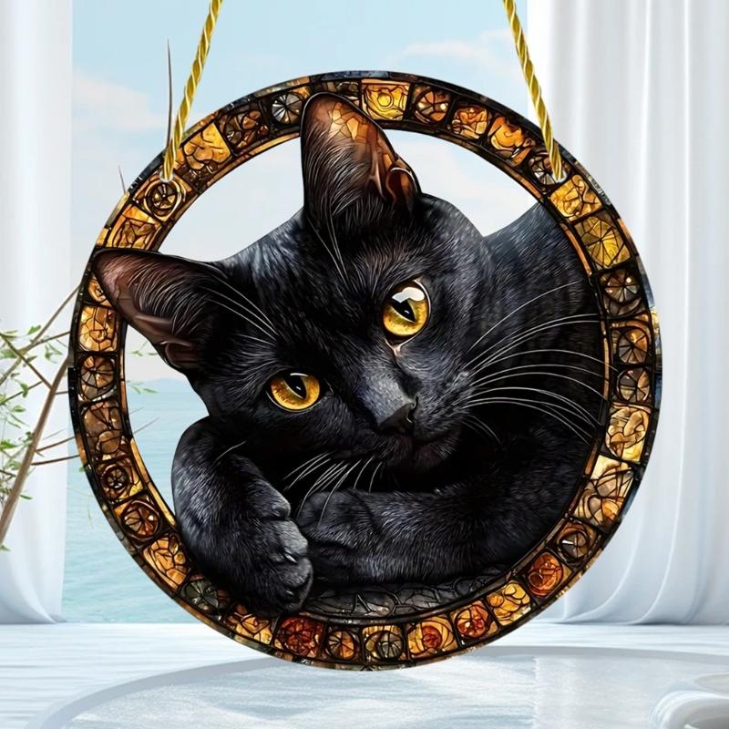 Artistic Black Cats Theme Acrylic Hanging Wreath Decorative Piece For Indoor and Outdoor Use Home Wall Window Ornament