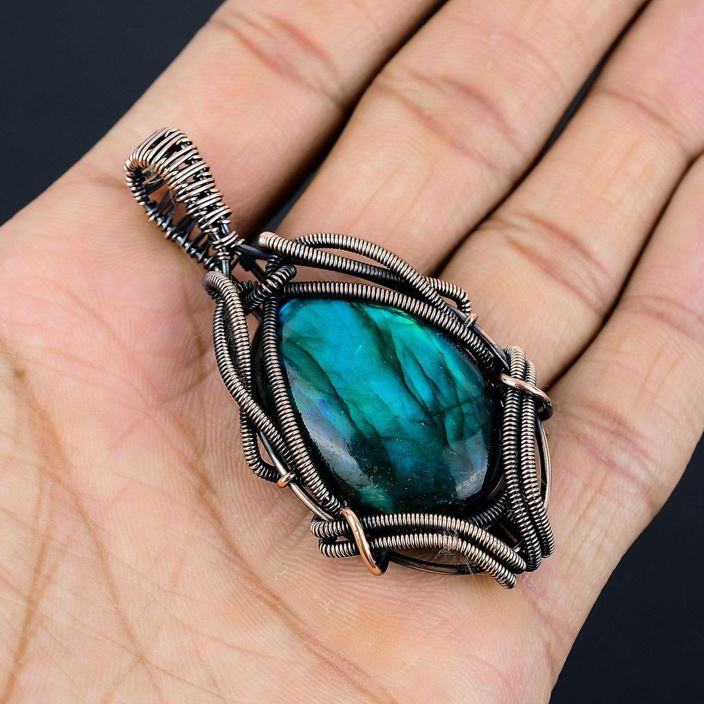 Blue Flash Labradorite Handmade Pendant, Natural Gemstone Jewelry, 999 Copper Wire Wrapped Pendant Jewelry, For Gift