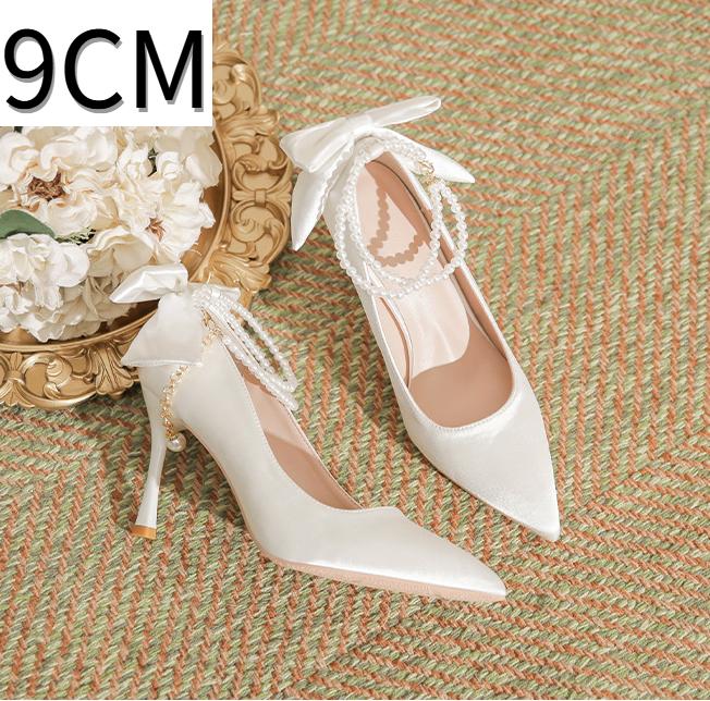 Fashion High Heels for Women Thin Heel Pointed Toe Straight Pearl Buckle with Bow Silk Fabricplus Size Women's Shoes Pumps White Heels