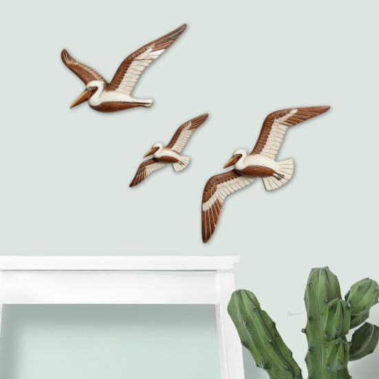 3 Pcs Wood Flying Pelican Wall Art Coastal Theme Nautical Wall Decor Rustic Beach Wooden Bird Sculpture for Living Room Bedroom Home Decor
