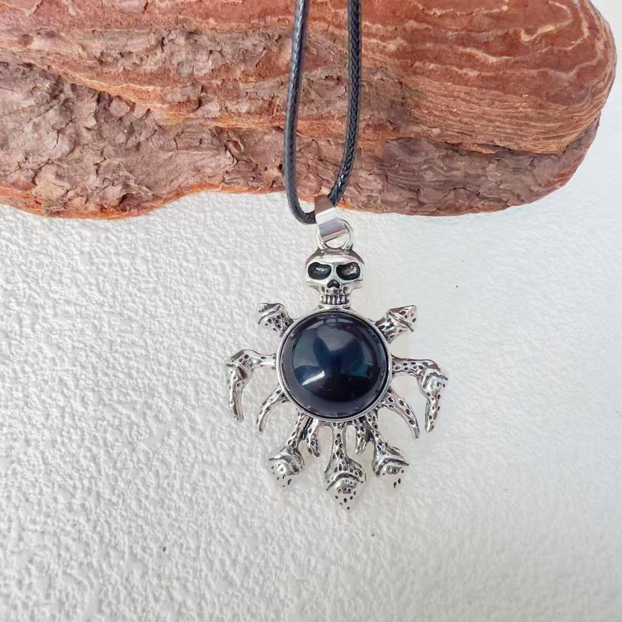 Men s Trendy Skull Design Jewelry with Citrine & Amethyst With Black Leather Cord