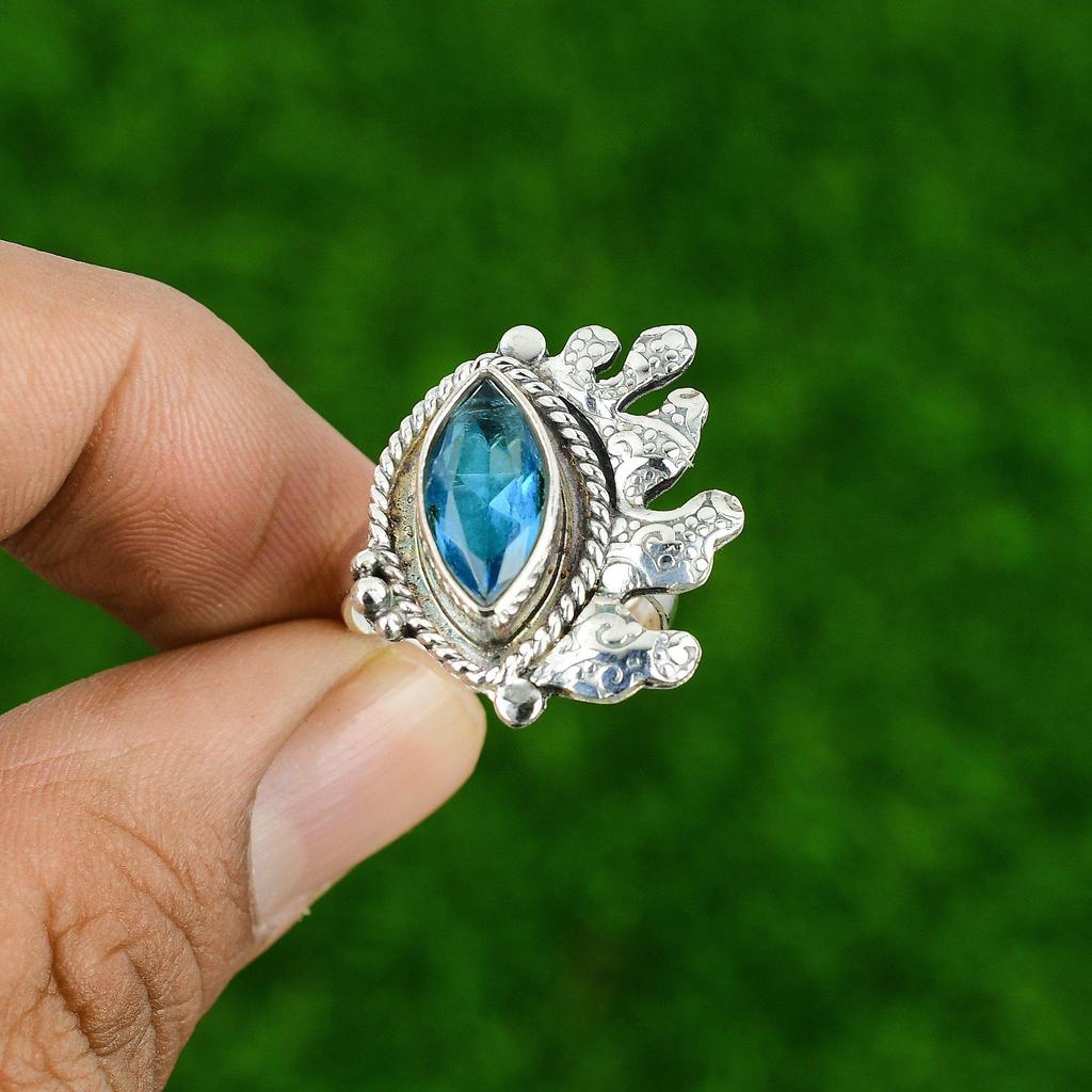 Natural Swiss Blue Topaz Gemstone Statement Adjustable Ring 925 Silver For Girls