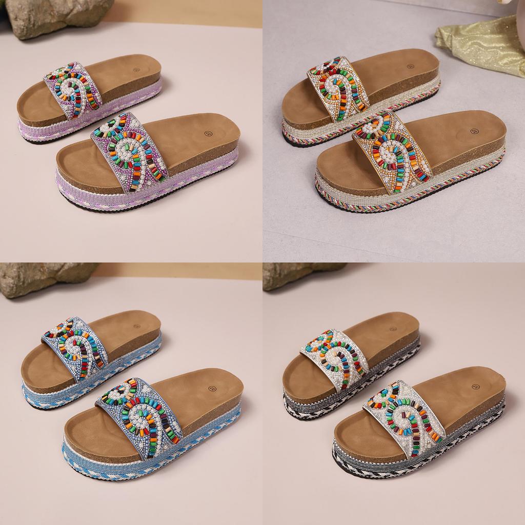 Summer Women Ethnic Style Flat Wooden Slippers With Rubber Sole For Beach Wear