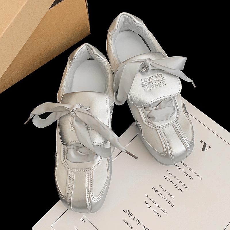 Fashion trend silver ballet flat-bottomed German training shoes women's 2025 new spring versatile retro Forrest Gump sports shoes