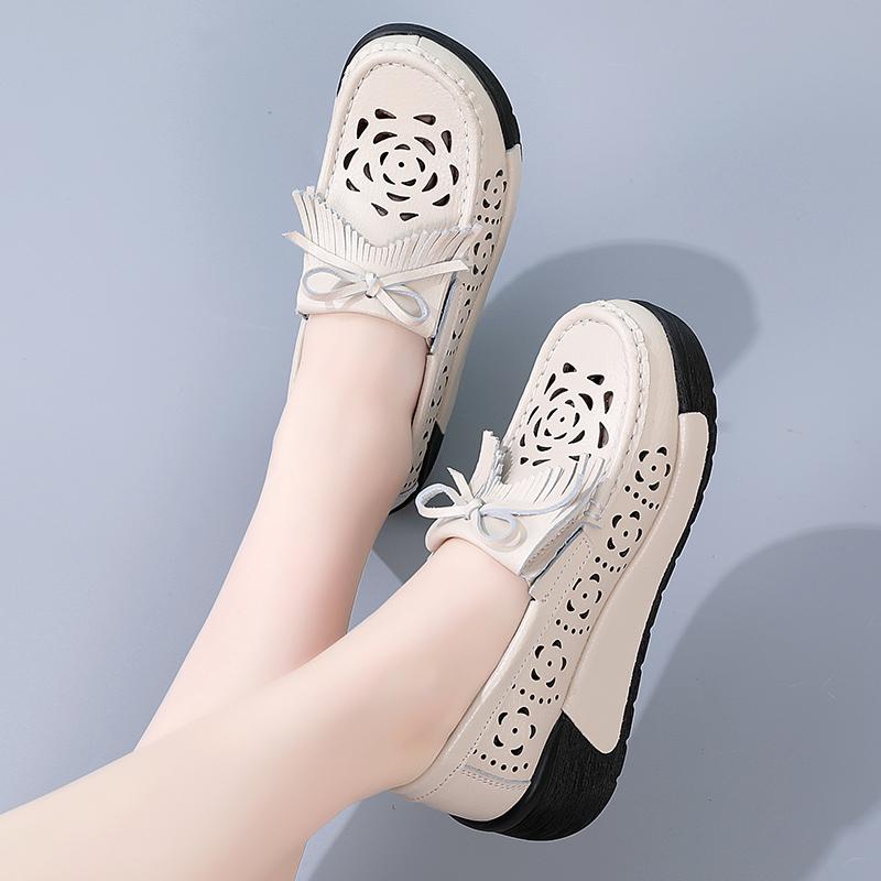 Damen Plateau-Loafer mit dicker Sohle, zum Reinschlüpfen, lässig, für den Sommer, höhere Körpergröße, gelbe Lederschuhe, hohl, atmungsaktiv, Schuhe für die Mutter