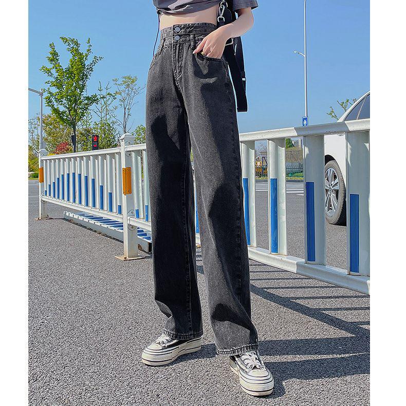Women s High-Waisted Wide-Leg Jeans, Spring 2025 – Thin, Drapey Material, Floor-Length Straight Leg, Ideal for Petite Sizes. M серый
