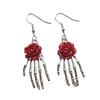 Handmade Gothic Skull Hand Red Rose Earrings: Vintage Halloween Jewelry