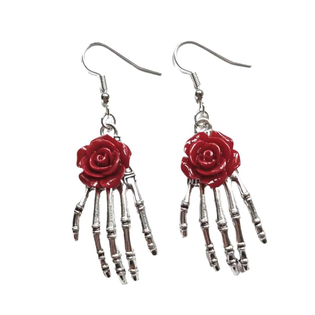 Handmade Gothic Skull Hand Red Rose Earrings: Vintage Halloween Jewelry