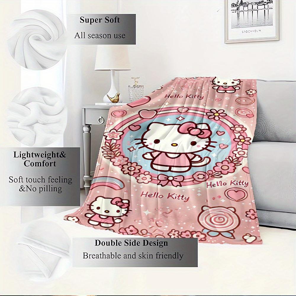 For Hello Kitty, Cute, PinkAnime-Themed Flannel Blanket, Glam Style, Digital Print, All-Season Comfort, Tear-Resistant, Knitted Craftsmanshi