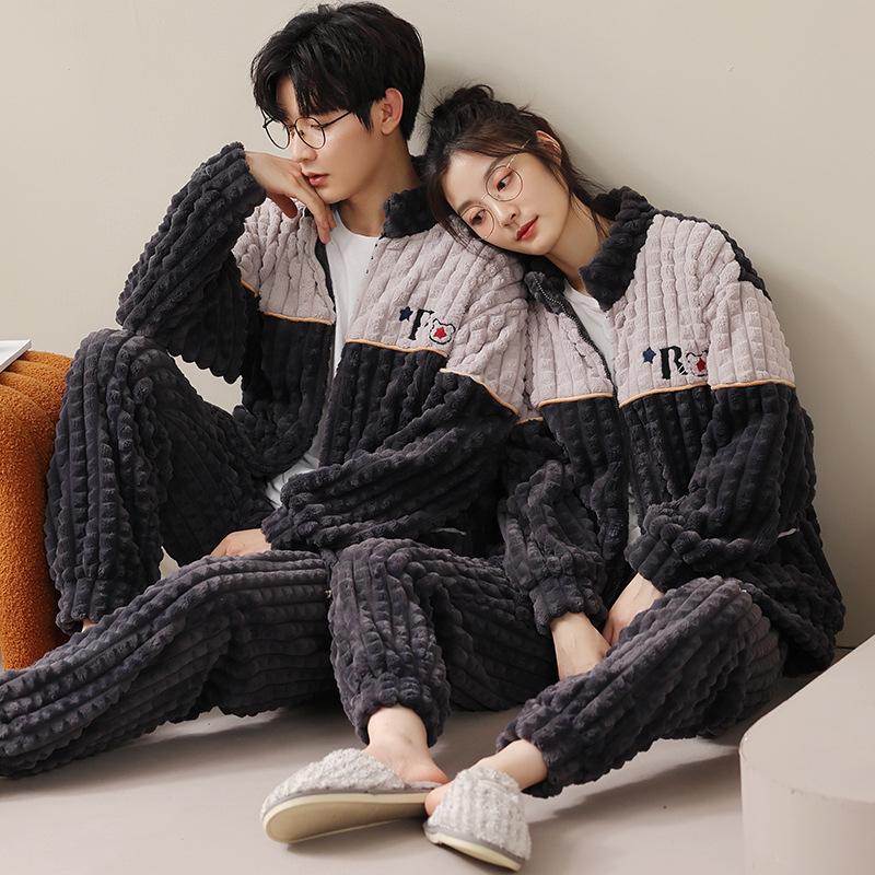 Couple's Cozy Pajama Set: Women's Autumn Winter Coral Fleece & Men's Thickened Plus Velvet Flannel Homewear