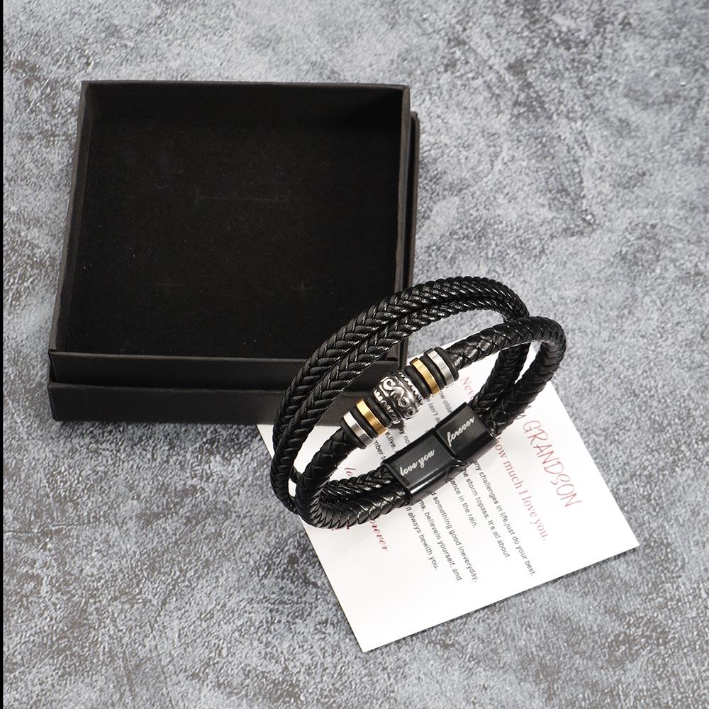 Men's Titanium Steel & Leather Engraved Bracelet Set with Stainless Steel Layers