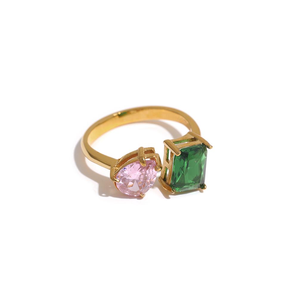 

Yhpup Waterproof Fashion Stainless Steel Pink Green Cubic Zirconia Adjustable Open Ring Gold Color Unique Bling Charm Jewelry Opening