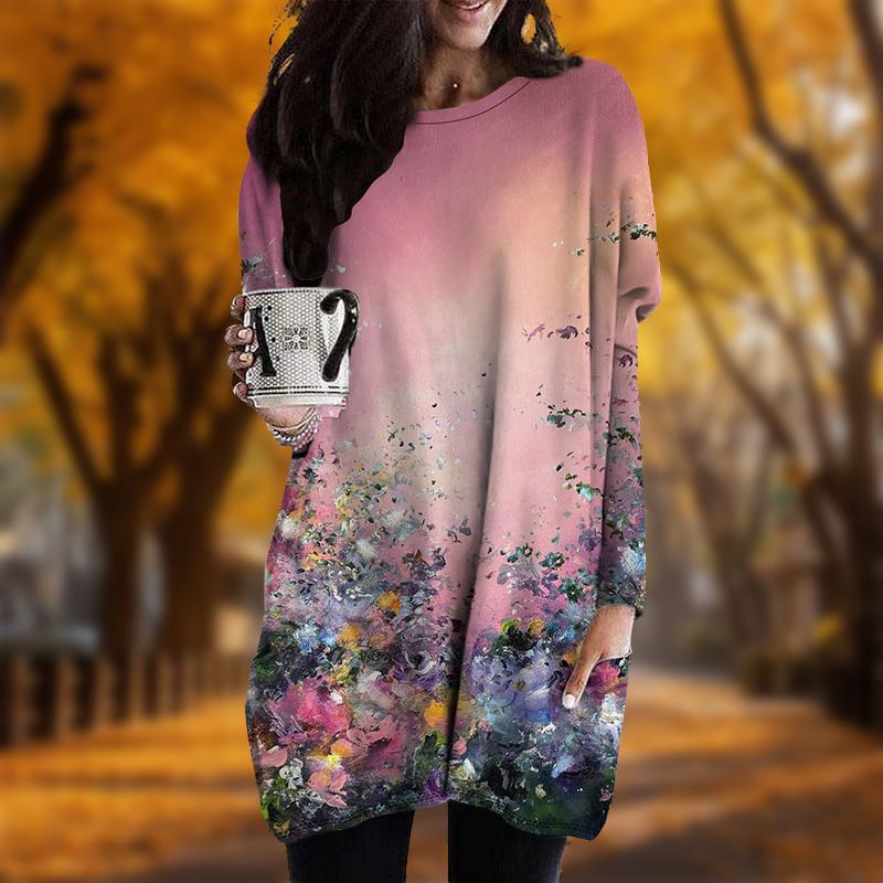 New In Autumn Oil Painting Flowers Print Plus Size Dress Women O'neck Long Sleeves Casual Pocket Dresses