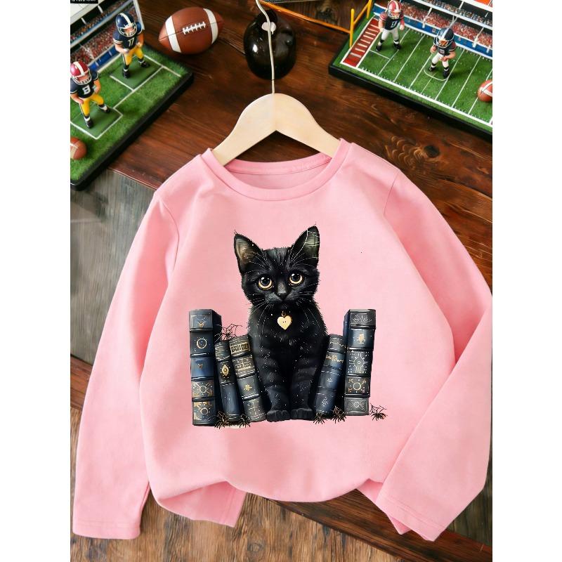 European sizes Kids' Fashion Print Black Cat and Book Print Long-Sleeve, Stylish Print, Versatile for Daily Wear, Outdoor Top