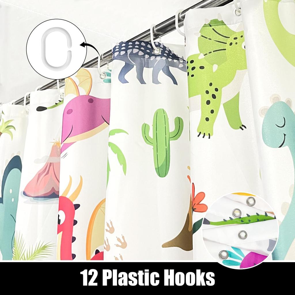 Kids Bathroom Ocean Shower Curtain, Funny Cartoon Dinosaur and Undersea Whale Shower Curtain Set with 12 Hooks, Home Decor