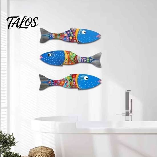 Wooden Fish Wall Art 3Pcs Decor, Boho Polka Dot Painted Ornaments, Ocean Modern Minimalist Theme Hanging for Bathroom Nursery Bedroom Living