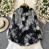 Women's Lapel Collar Long Sleeve Shirt Loose Fit Heavy Beaded Rhinestone Embroidery Blouse Vintage Floral Print Top