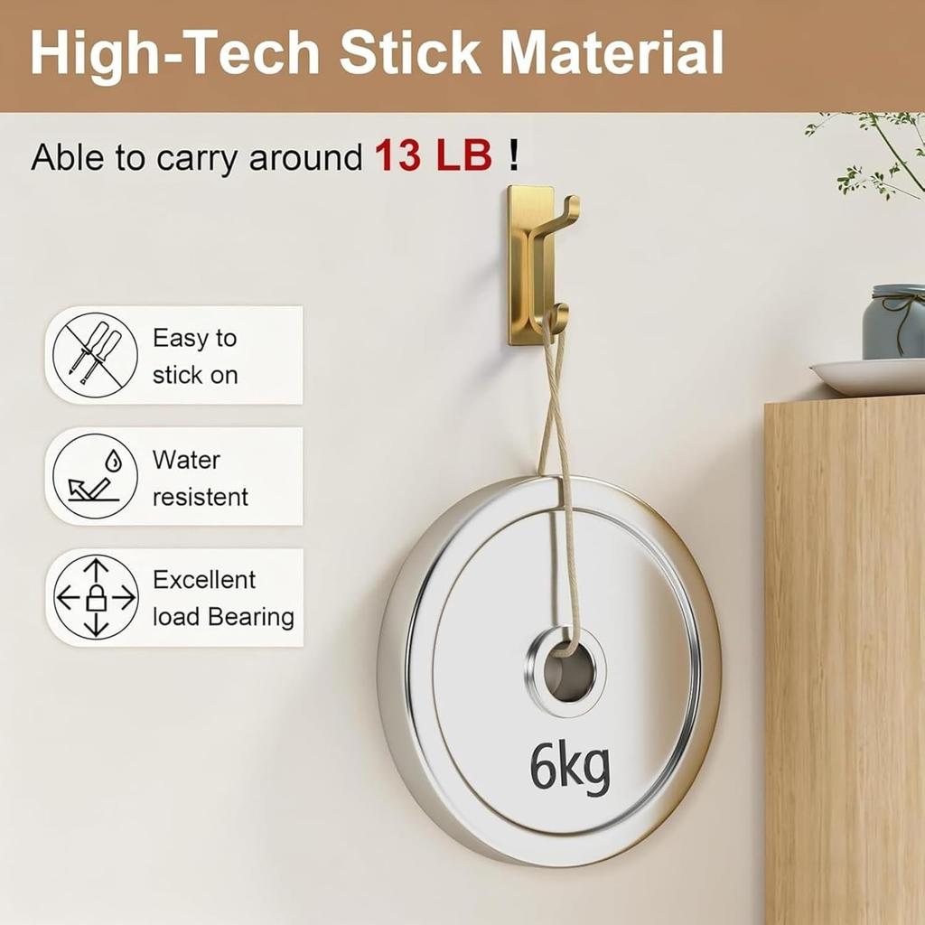 Heavy Duty Self Adhesive Wall Hooks 13LB Waterproof Brushed Aluminum Towel Coat Hooks 12 Pack