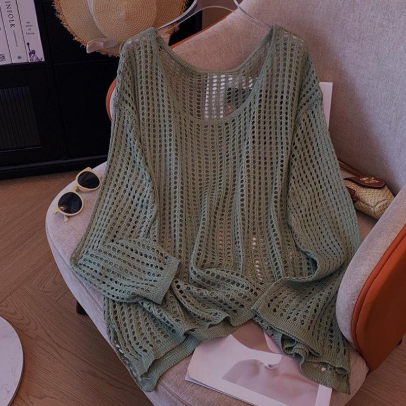 Hollow Knitted Women's Summer Lazy Loose Sun Protection Blouse Round Neck Design Long Sleeve Versatile Tops