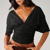 Women Tops Puff Sleeves V Neck Slim Fit Pleated Waist Pullover Tops Pure Color Summer Short Tops Daily Wear