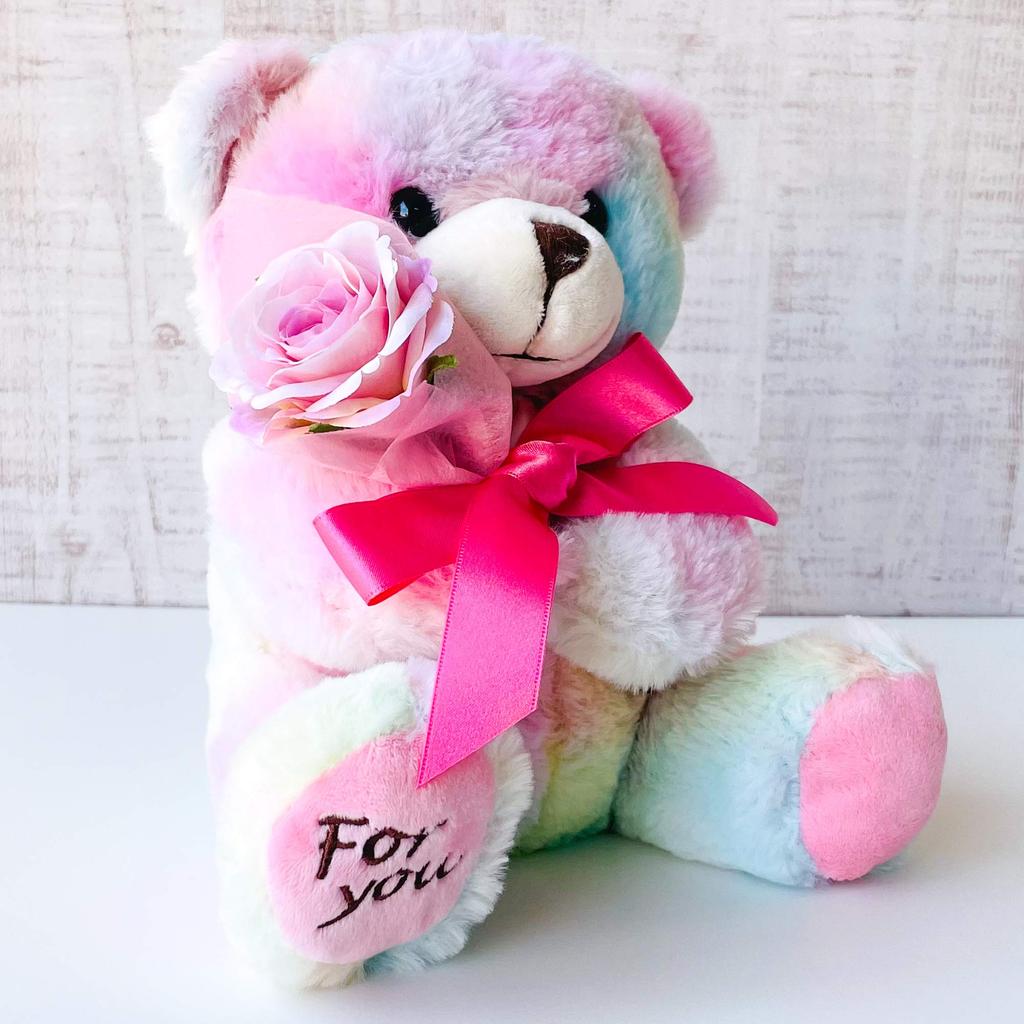 Day Bouquet Bear Plush Toy with Artificial W230 X H250 X Lulu's Valentine's Full-Lille Flowers, Size D200mm, Rainbow, Lulu's-0532