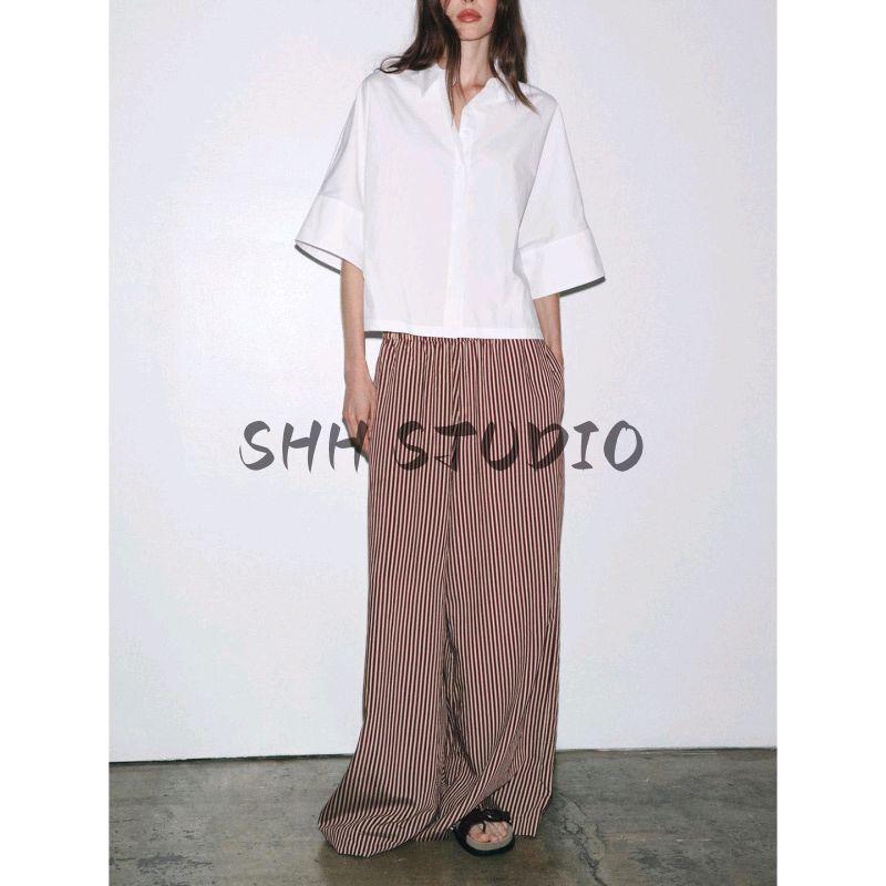 Summer New Product Women's Clothes American Viscose Blended Long Wide Faded Stripes Draping Mid-Waist Pants 3717040