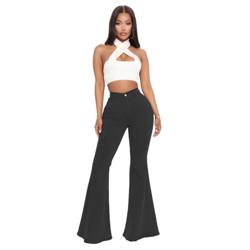 2026 Новые женские джинсы с высокой талией, эластичные, расклешенные, узкого кроя, bootcut, из денима, для повседневной моды, весна-лето S чёрный