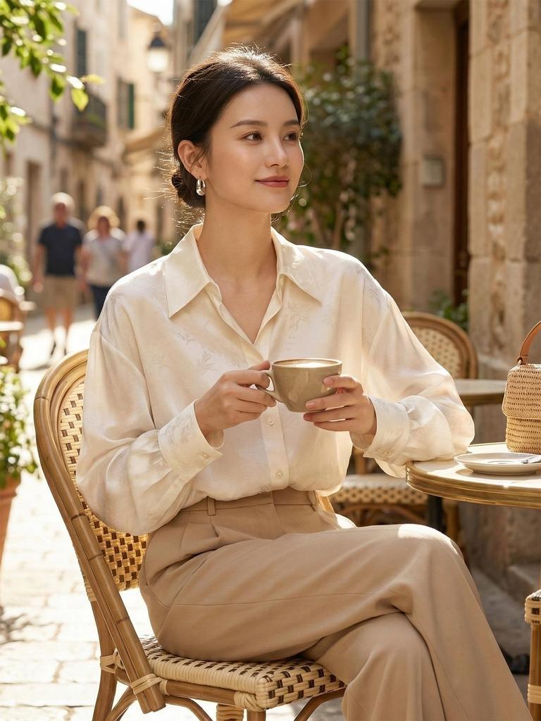 Camicia da Donna in Acetato Jacquard Primaverile: Stile Francese, Patchwork di Seta, Manica Lunga, Vestibilità Ampia, Lunghezza Media.