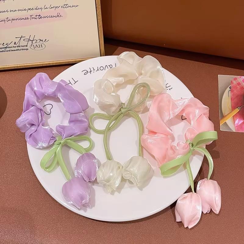 4Pcs Fashion Hair Accessories Cute Tulip Flower Large Intestine Scrunchie For Girls Sweet Hair Ornament Headband Hair Tie