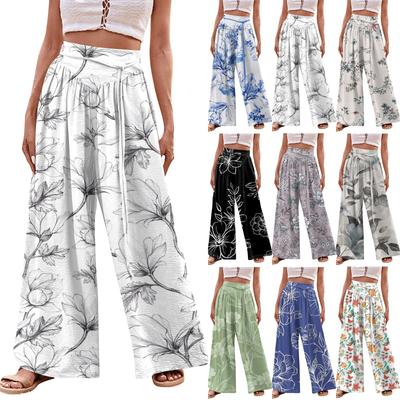 Pantalones casuales holgados de pierna ancha con estampado floral y tirantes anudados para mujer con bolsillos