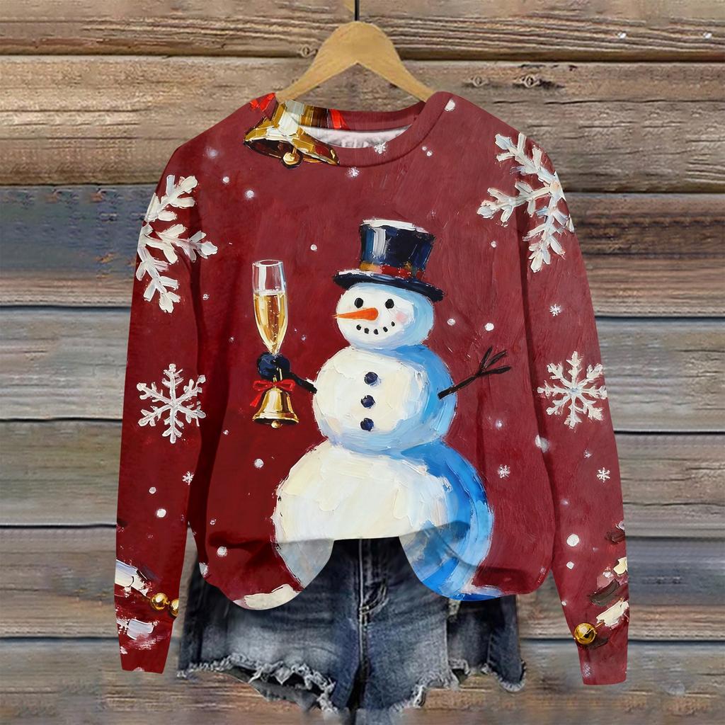 Женская модная рождественская принтованная толстовка с длинным рукавом и круглым вырезом