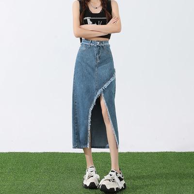 Personalisierter Schlitz Unregelmäßiger Denimrock Neu High-Waist Midilänge Vielseitiger Denimrock